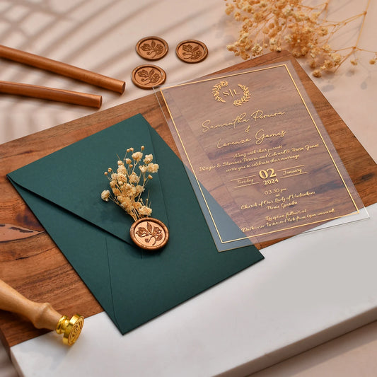 Elegant Green Wedding Invitations, Acrylic wedding invitation, Real Gold Foil Invites with Wax seals and Dried Flowers, Wedding Invitation