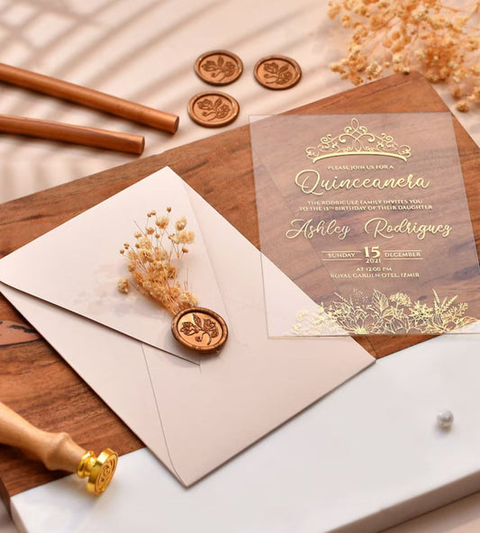 Quinceanera Invitations, Sweet 16 Invitation, Sweet Sixteen, Elegant Invitation, Unique Invitations, Gold Foil Print, Clear Acrylic