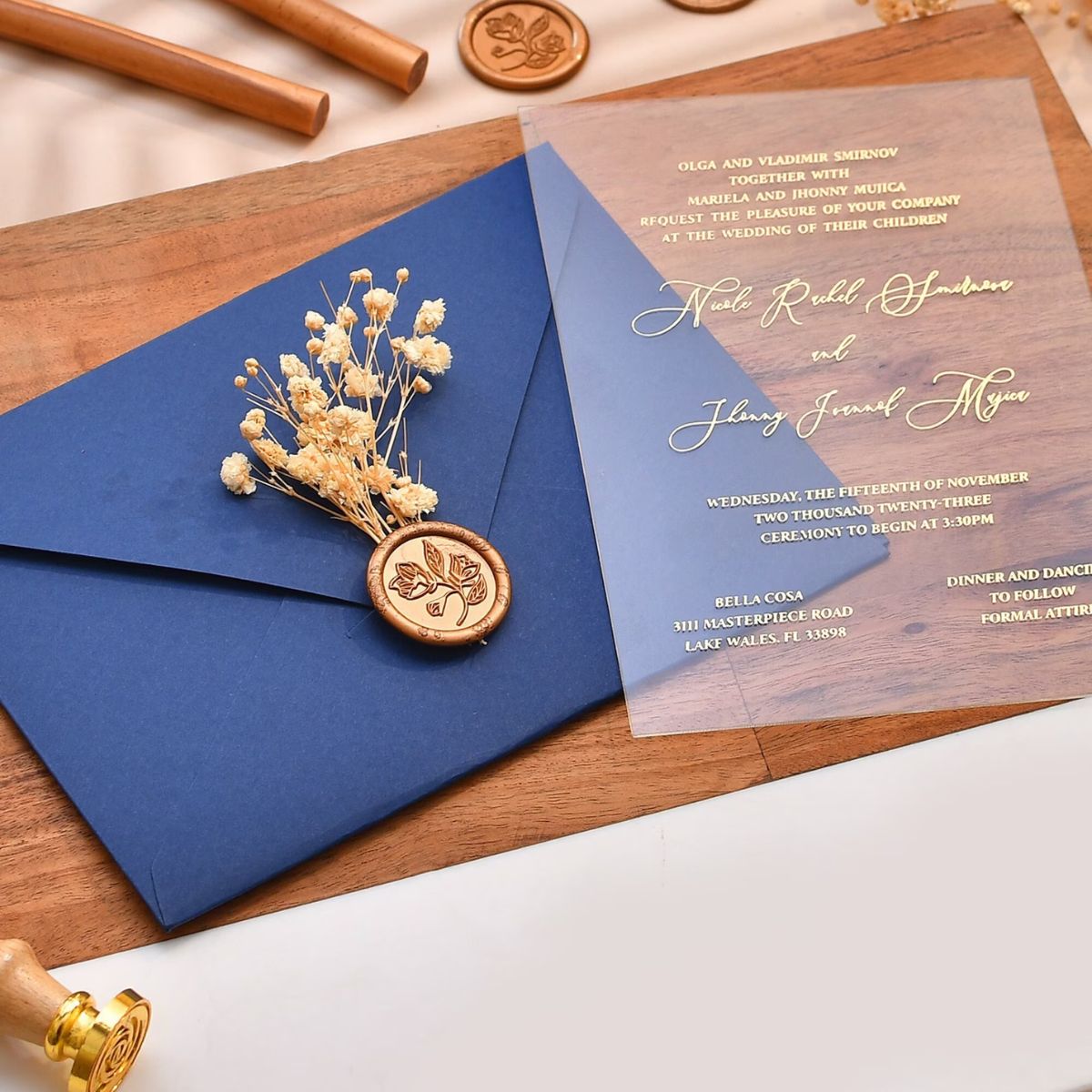 Blue acrylic wedding invitation