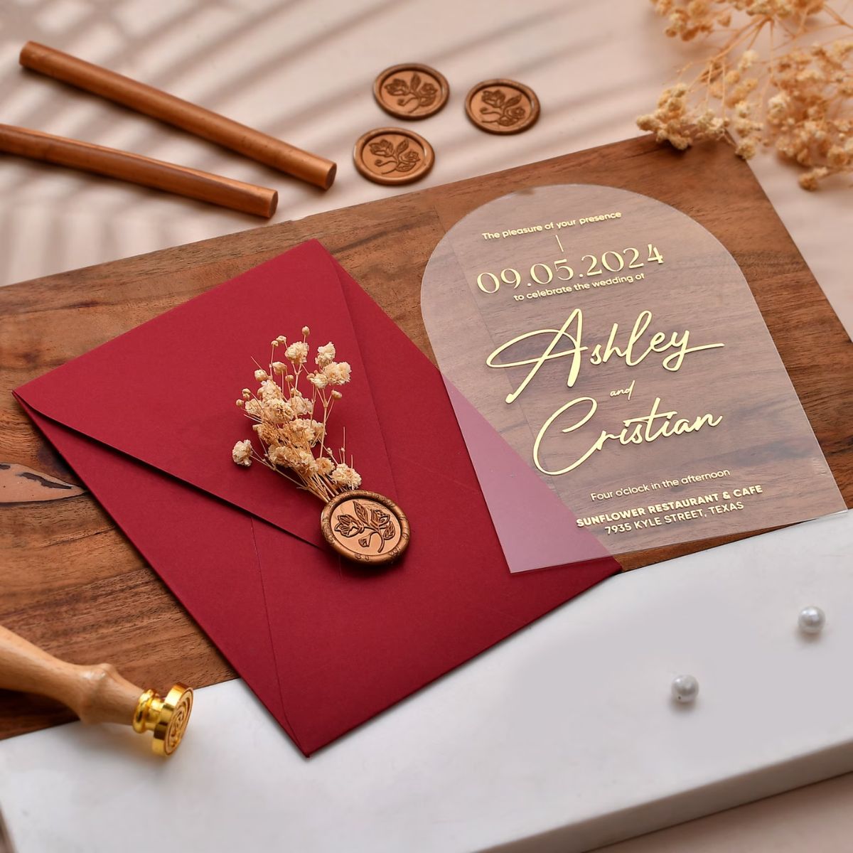 Red acrylic wedding invitation